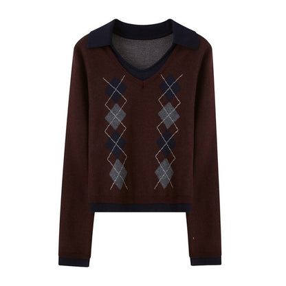 DIDDI_MODA_Diamond_V-neck_Contrast_Faux_Layer_Slim_Women&