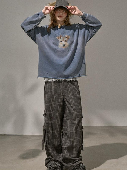 DIDDI MODA Distressed Text Puppy Washed Loose Oversized Women&