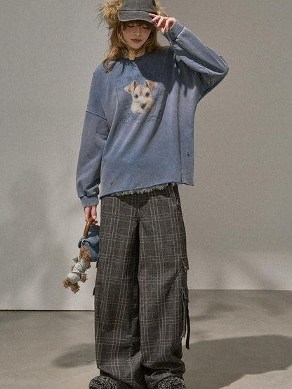 DIDDI MODA Distressed Text Puppy Washed Loose Oversized Women&