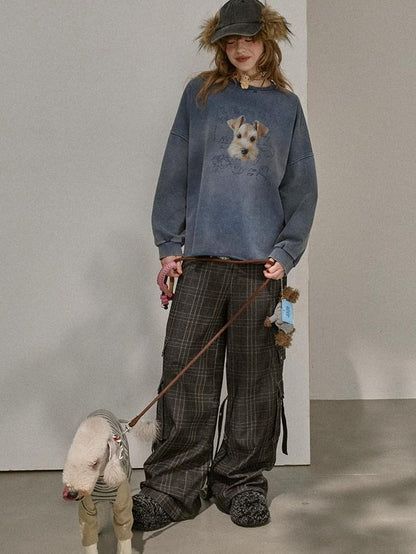 DIDDI MODA Distressed Text Puppy Washed Loose Oversized Women&