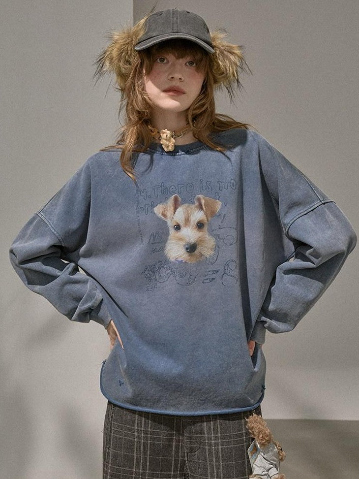DIDDI MODA Distressed Text Puppy Washed Loose Oversized Women&