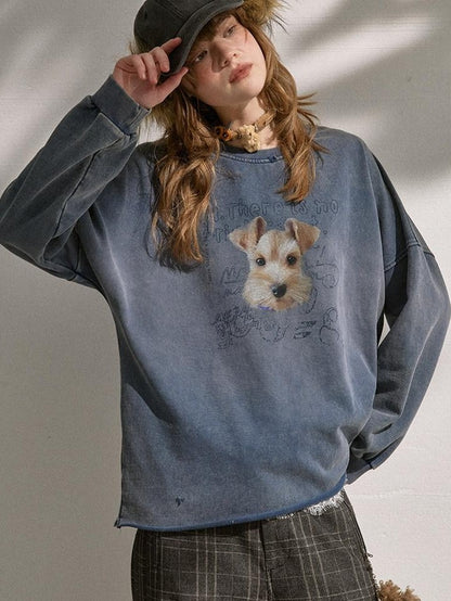 DIDDI MODA Distressed Text Puppy Washed Loose Oversized Women&