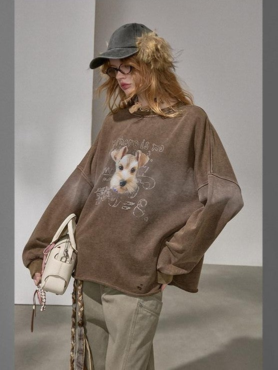 DIDDI MODA Distressed Text Puppy Washed Loose Oversized Women&
