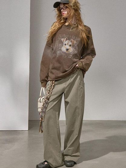 DIDDI MODA Distressed Text Puppy Washed Loose Oversized Women&