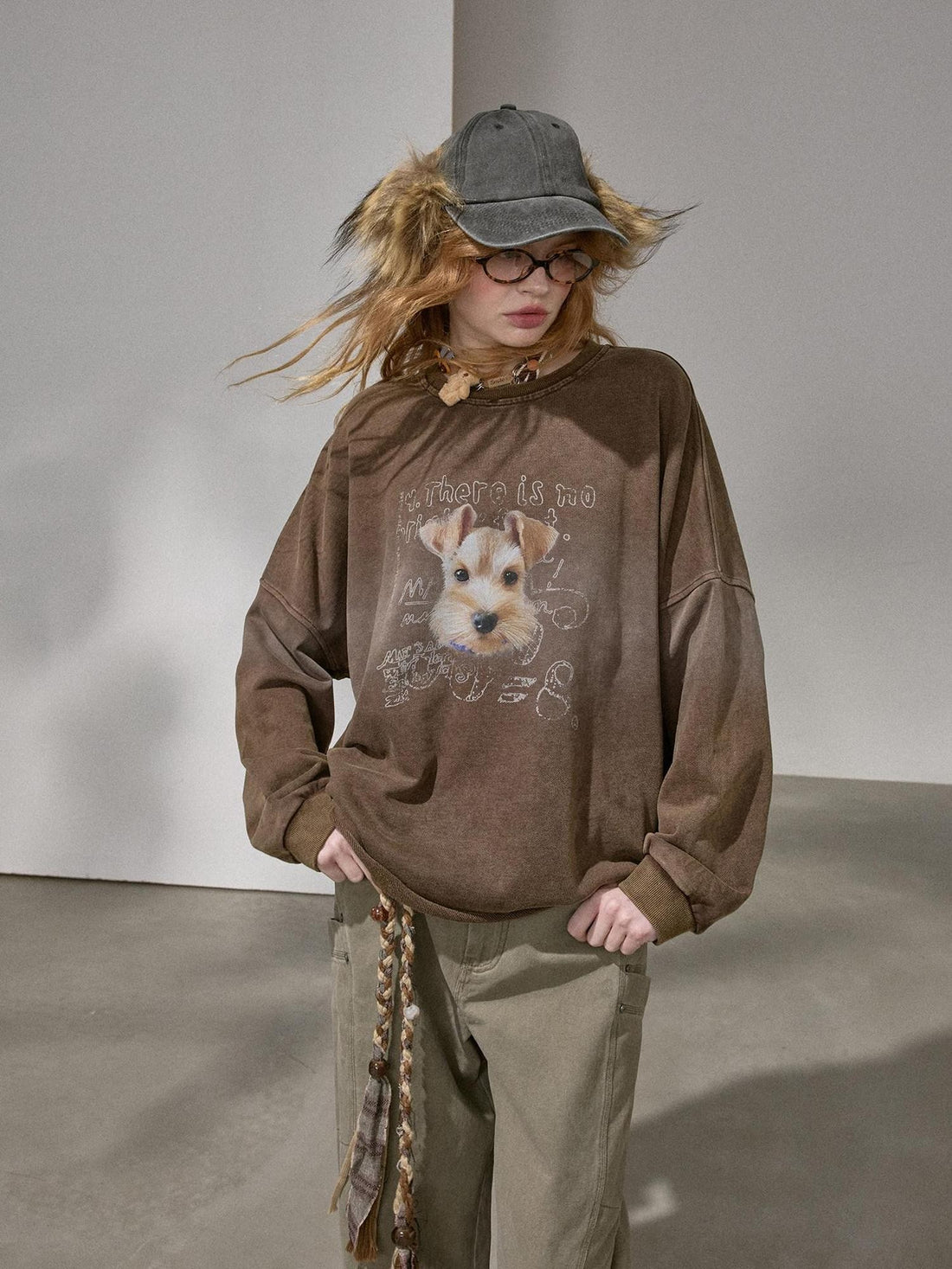 DIDDI MODA Distressed Text Puppy Washed Loose Oversized Women&