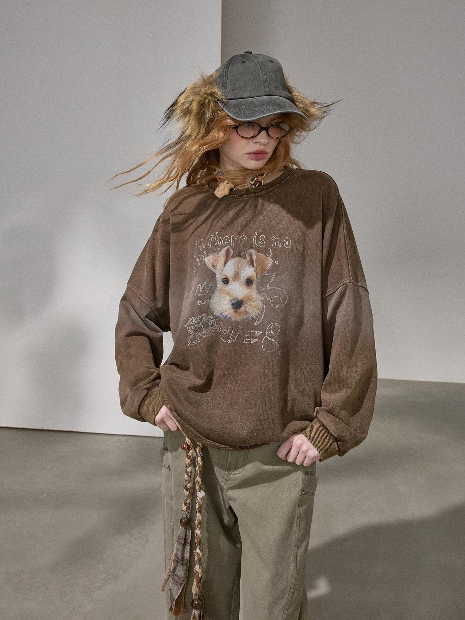 DIDDI MODA Distressed Text Puppy Washed Loose Oversized Women&