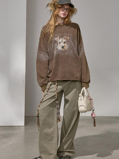 DIDDI MODA Distressed Text Puppy Washed Loose Oversized Women&