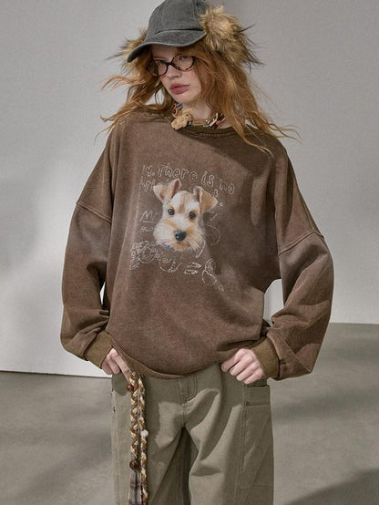 DIDDI MODA Distressed Text Puppy Washed Loose Oversized Women&