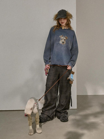 DIDDI MODA Distressed Text Puppy Washed Loose Oversized Women&