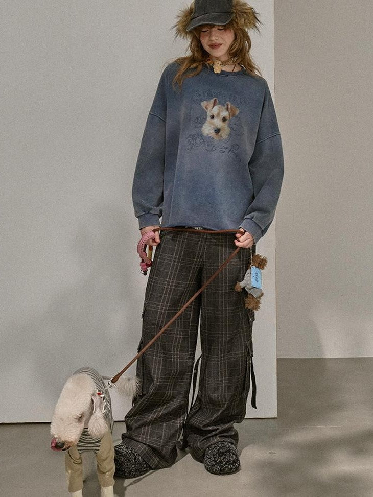 DIDDI MODA Distressed Text Puppy Washed Loose Oversized Women&