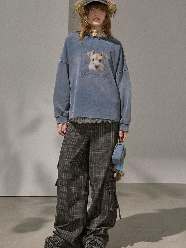 DIDDI MODA Distressed Text Puppy Washed Loose Oversized Women&