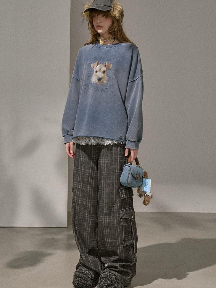 DIDDI MODA Distressed Text Puppy Washed Loose Oversized Women&