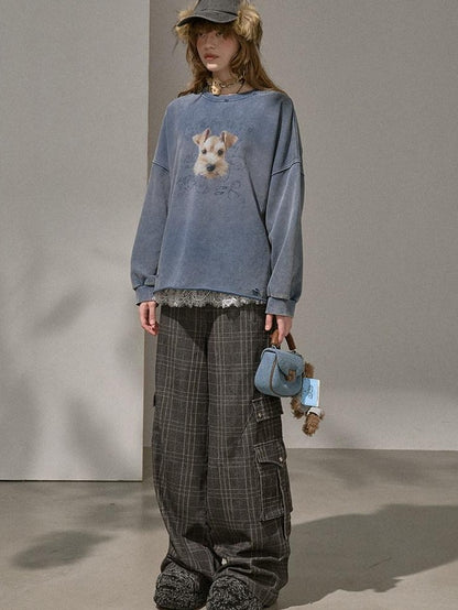 DIDDI MODA Distressed Text Puppy Washed Loose Oversized Women&