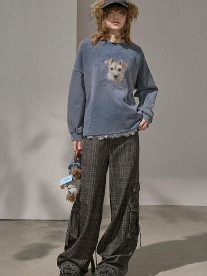 DIDDI MODA Distressed Text Puppy Washed Loose Oversized Women&