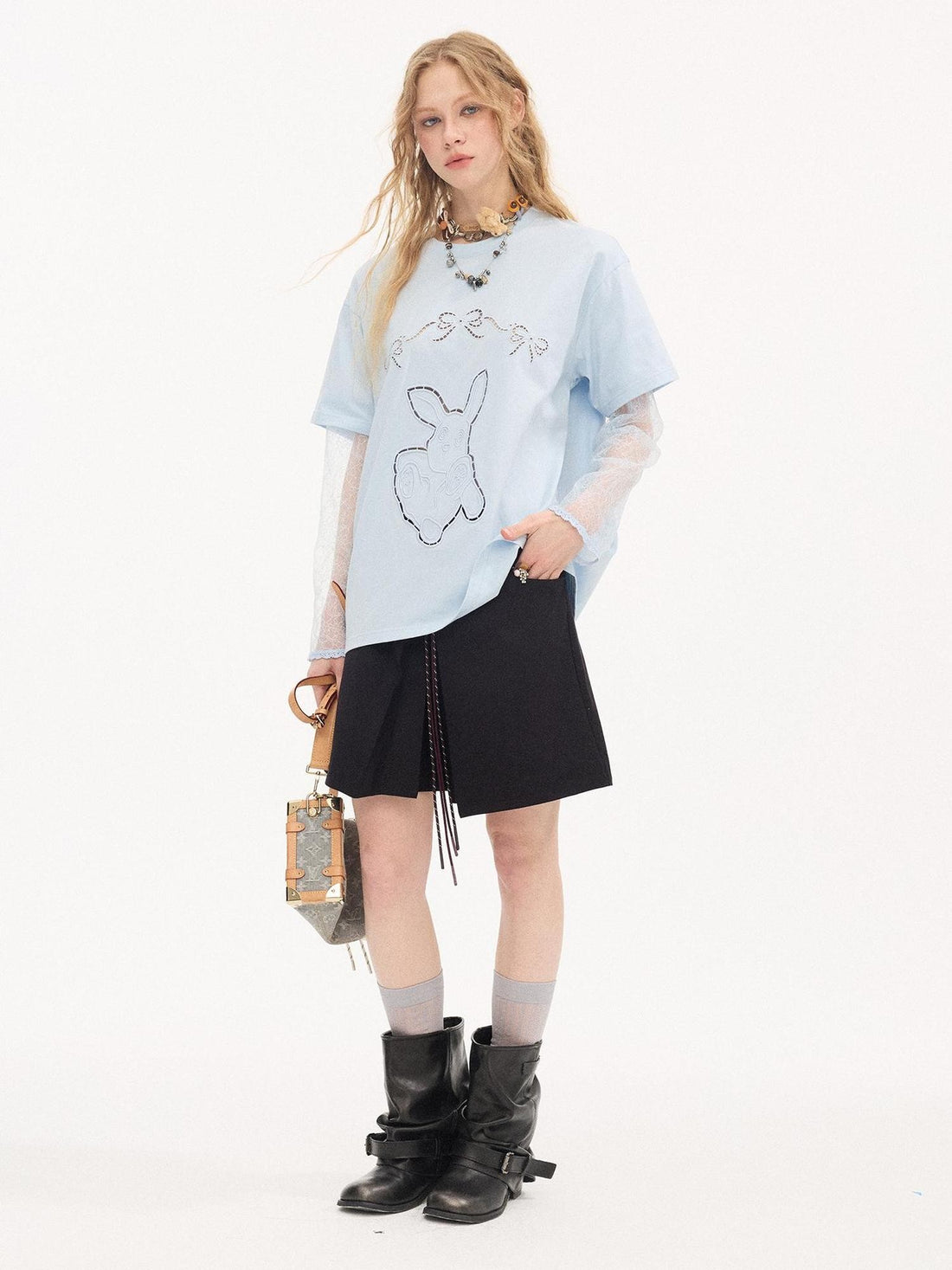 DIDDI MODA Dizzy Rabbit Laser Cut Embroidery Lace Puff Sleeve Women&