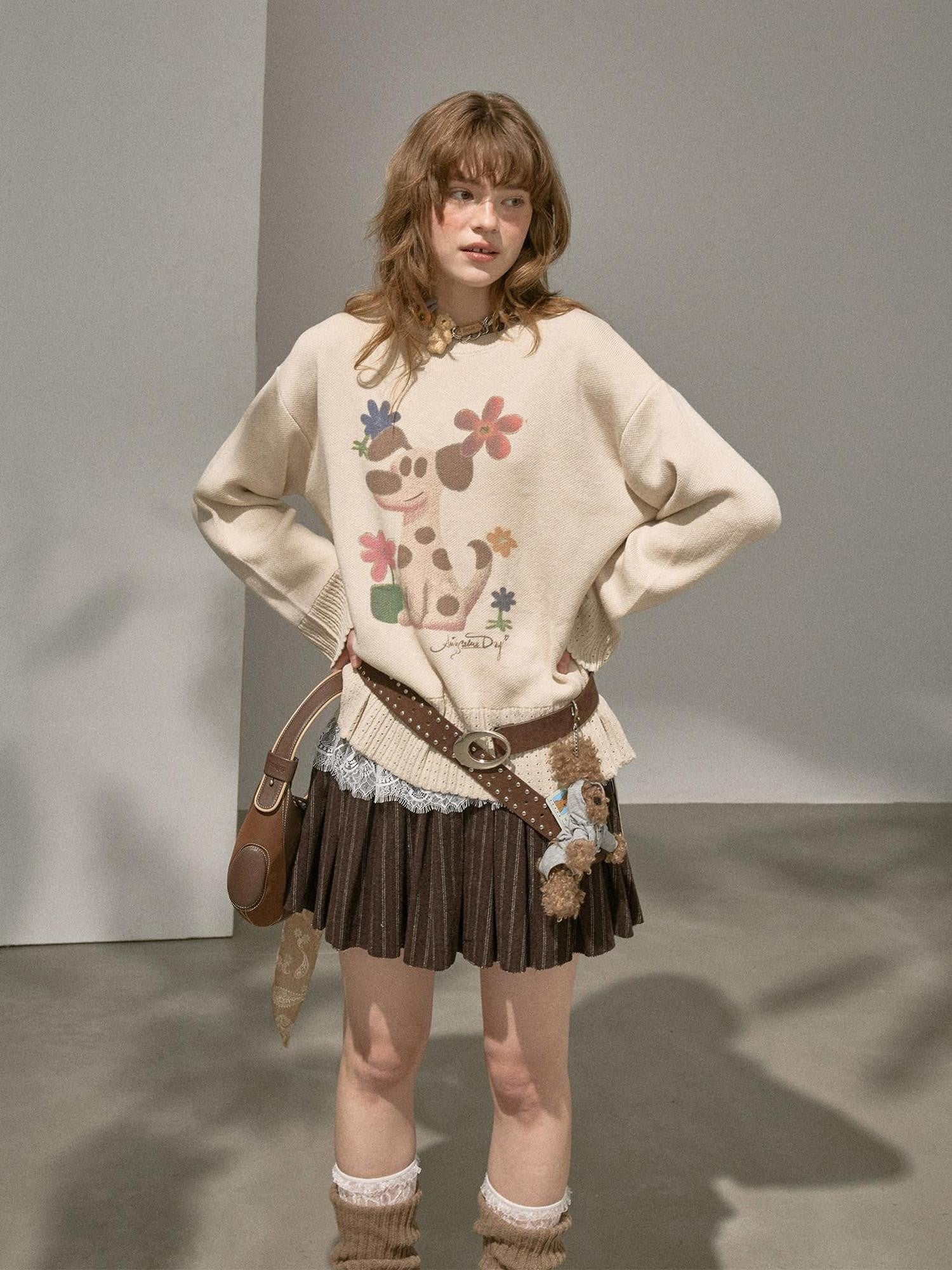 DIDDI MODA Dog Embroidery Openwork Hem Oversized Women&