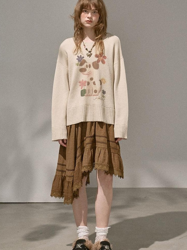 DIDDI MODA Dog Embroidery Openwork Hem Oversized Women&