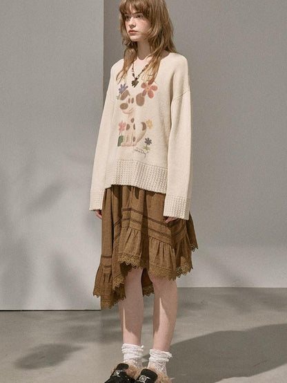 DIDDI MODA Dog Embroidery Openwork Hem Oversized Women&