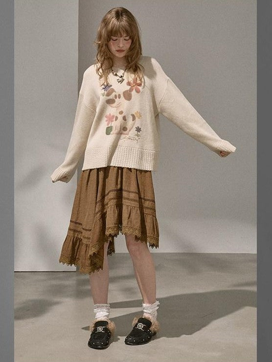 DIDDI MODA Dog Embroidery Openwork Hem Oversized Women&