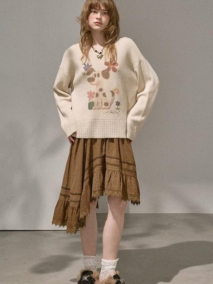 DIDDI MODA Dog Embroidery Openwork Hem Oversized Women&