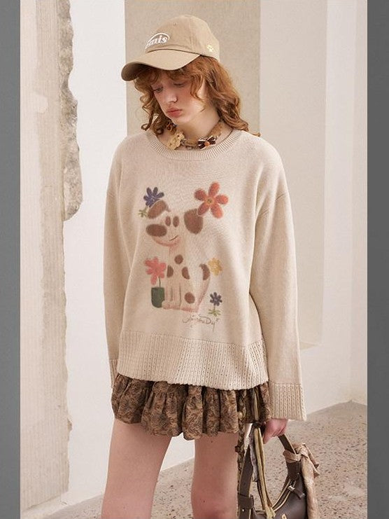 DIDDI MODA Dog Embroidery Openwork Hem Oversized Women&