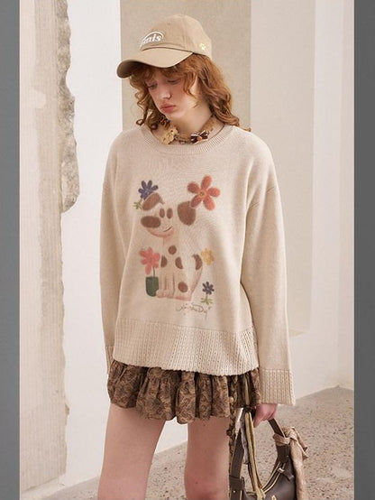 DIDDI MODA Dog Embroidery Openwork Hem Oversized Women&
