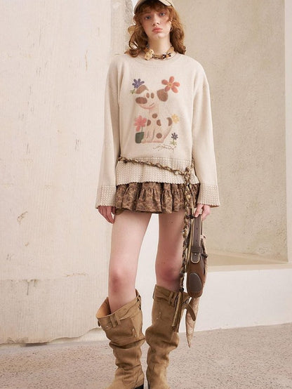 DIDDI MODA Dog Embroidery Openwork Hem Oversized Women&