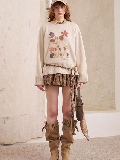 DIDDI MODA Dog Embroidery Openwork Hem Oversized Women&