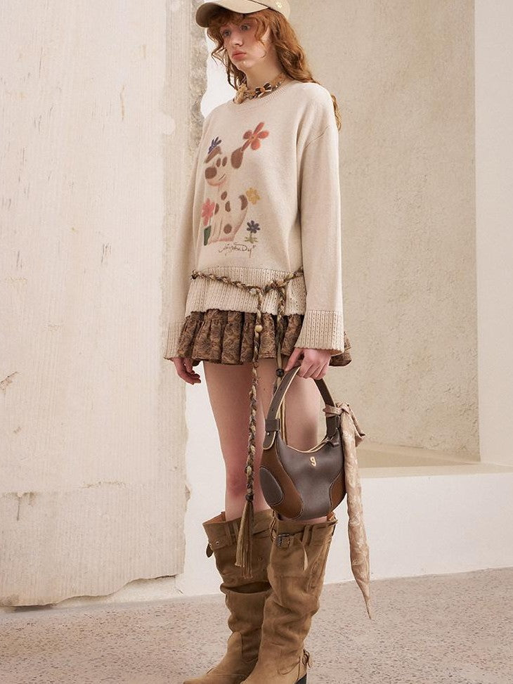 DIDDI MODA Dog Embroidery Openwork Hem Oversized Women&