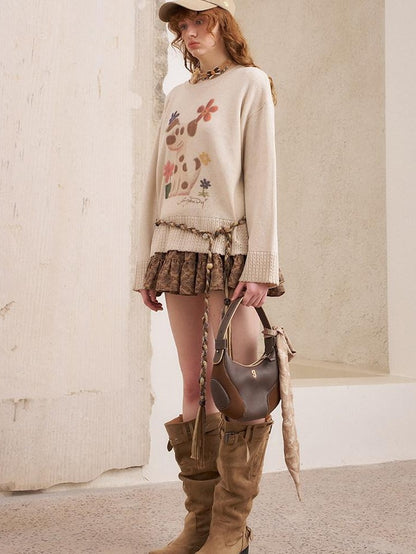 DIDDI MODA Dog Embroidery Openwork Hem Oversized Women&
