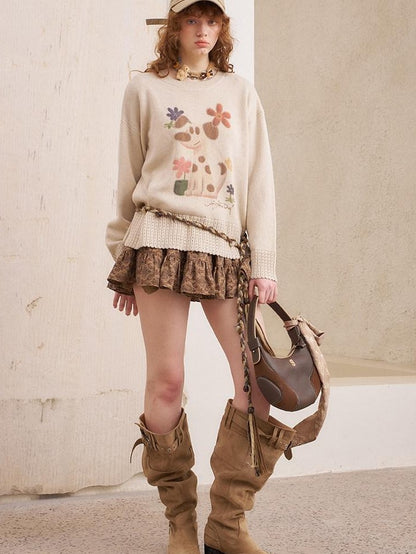 DIDDI MODA Dog Embroidery Openwork Hem Oversized Women&