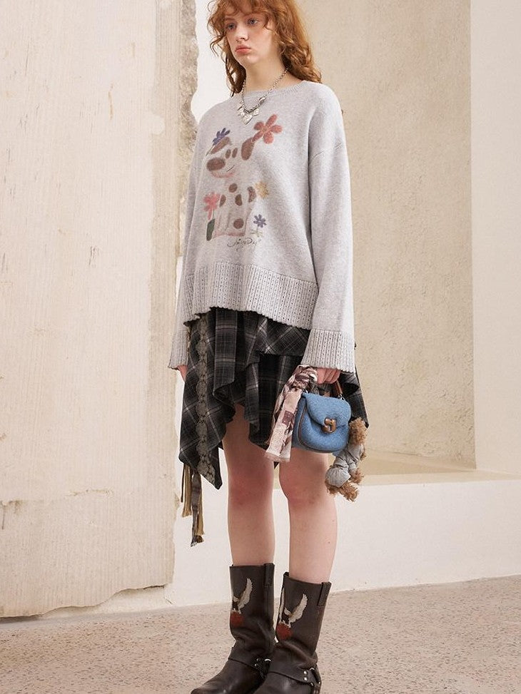 DIDDI MODA Dog Embroidery Openwork Hem Oversized Women&