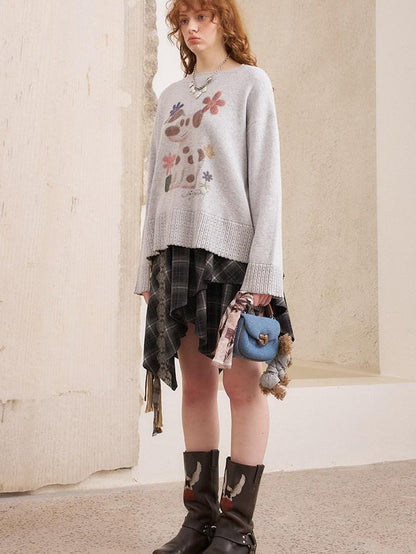DIDDI MODA Dog Embroidery Openwork Hem Oversized Women&