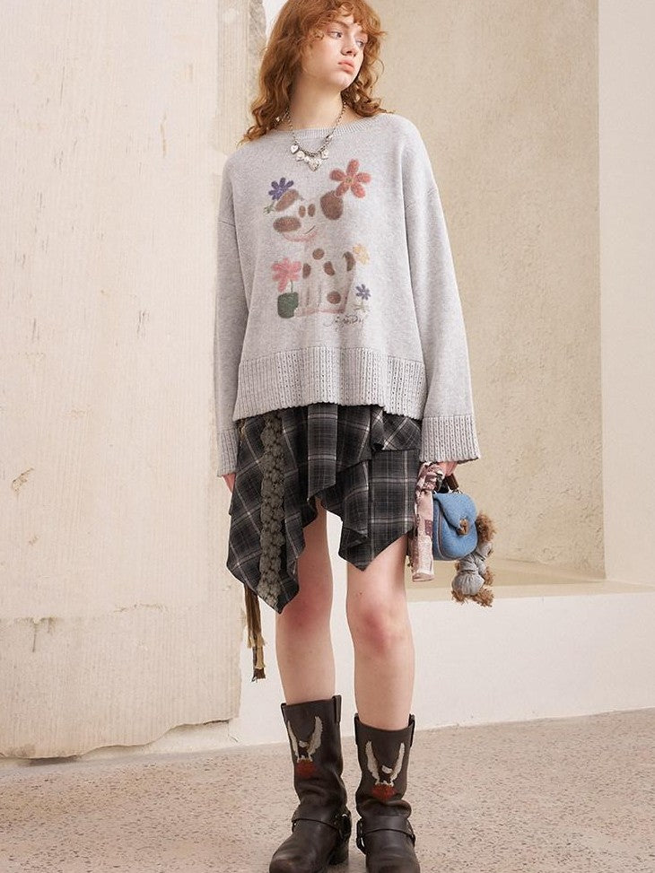 DIDDI MODA Dog Embroidery Openwork Hem Oversized Women&