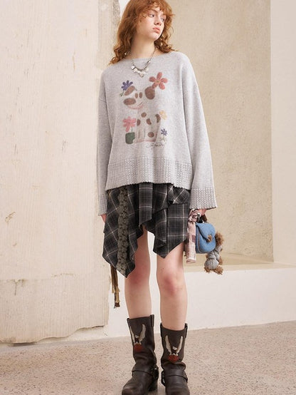 DIDDI MODA Dog Embroidery Openwork Hem Oversized Women&