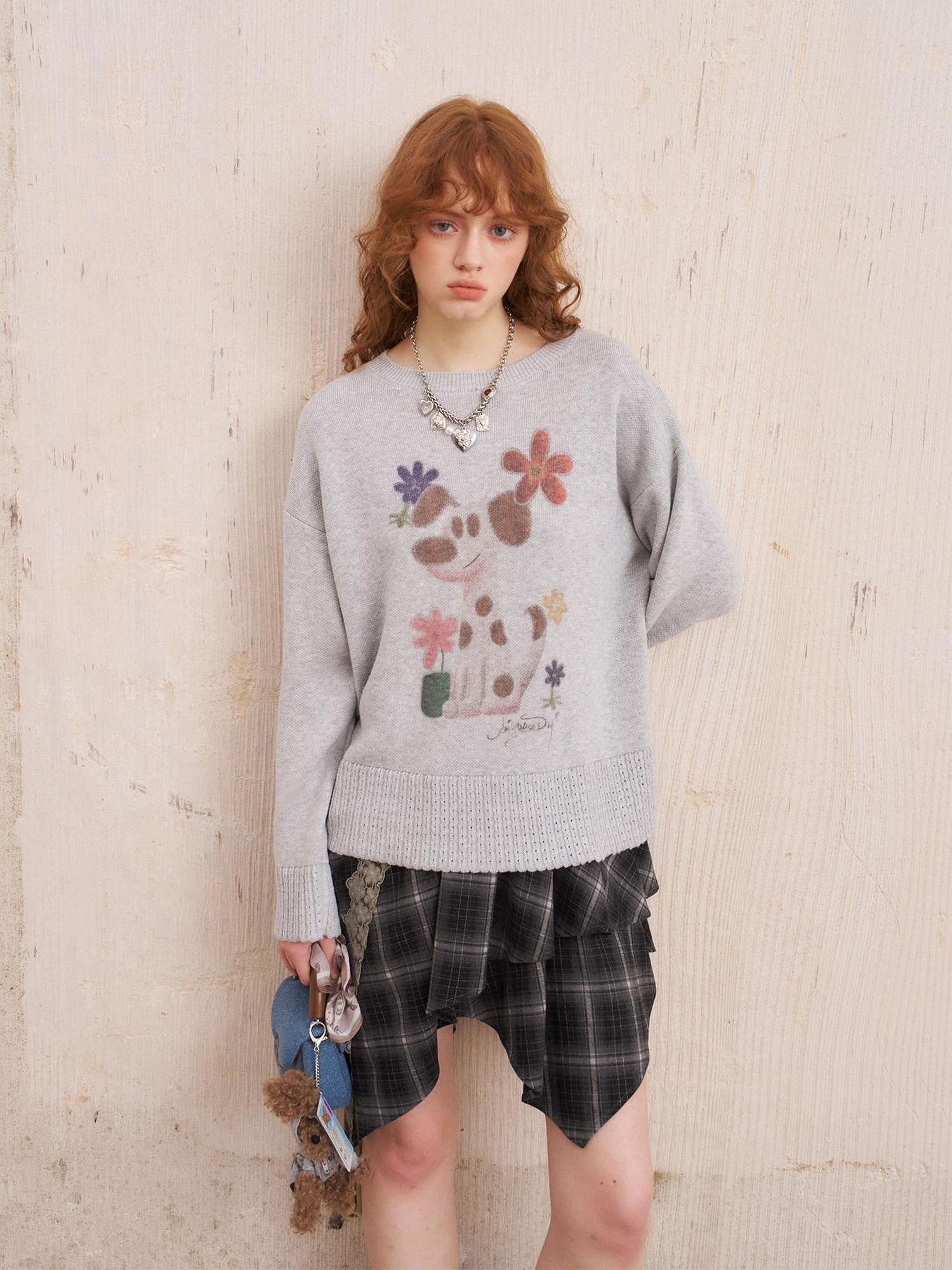 DIDDI MODA Dog Embroidery Openwork Hem Oversized Women&