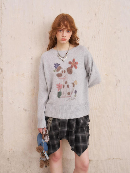 DIDDI MODA Dog Embroidery Openwork Hem Oversized Women&