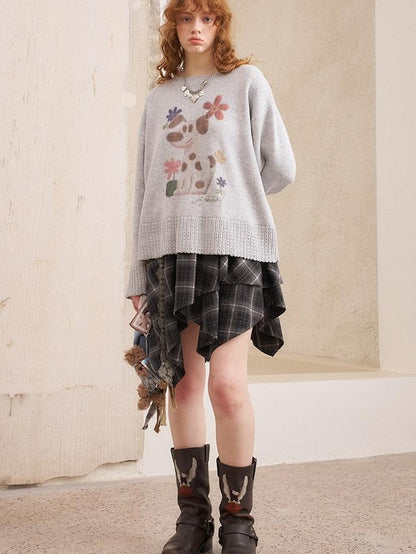 DIDDI MODA Dog Embroidery Openwork Hem Oversized Women&