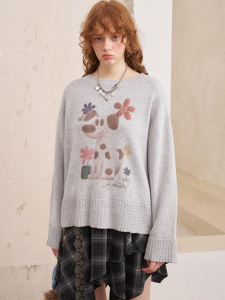 DIDDI MODA Dog Embroidery Openwork Hem Oversized Women&