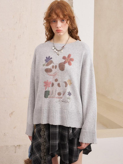 DIDDI MODA Dog Embroidery Openwork Hem Oversized Women&