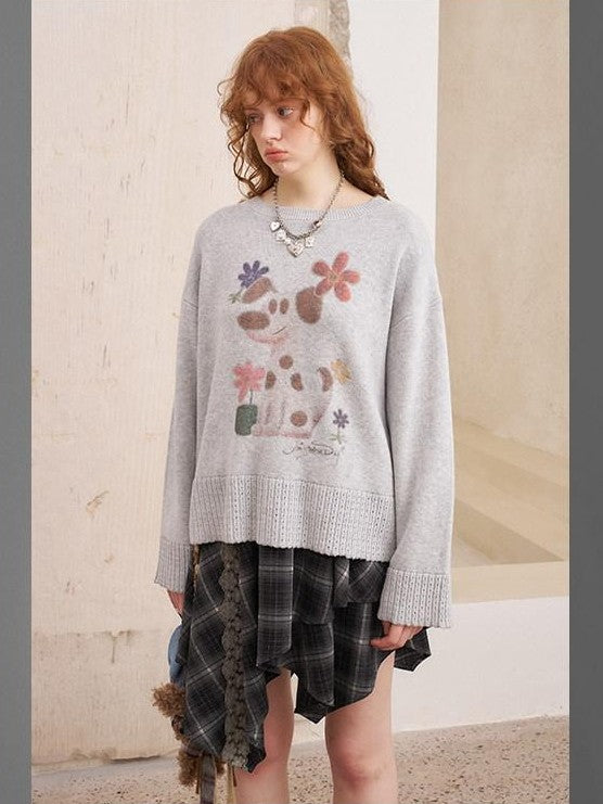 DIDDI MODA Dog Embroidery Openwork Hem Oversized Women&