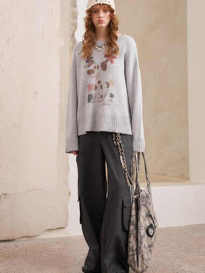DIDDI MODA Dog Embroidery Openwork Hem Oversized Women&