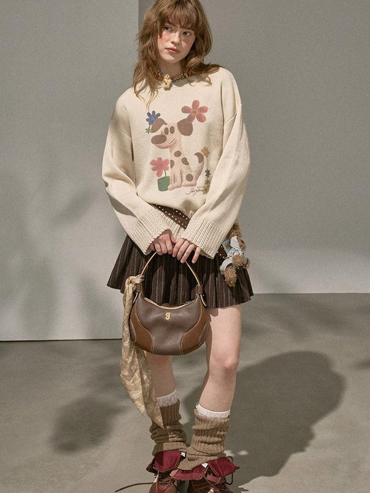 DIDDI MODA Dog Embroidery Openwork Hem Oversized Women&