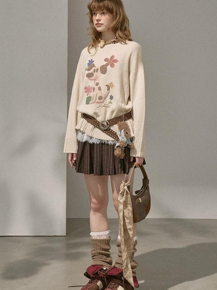 DIDDI MODA Dog Embroidery Openwork Hem Oversized Women&
