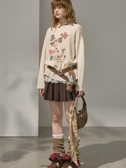 DIDDI MODA Dog Embroidery Openwork Hem Oversized Women&