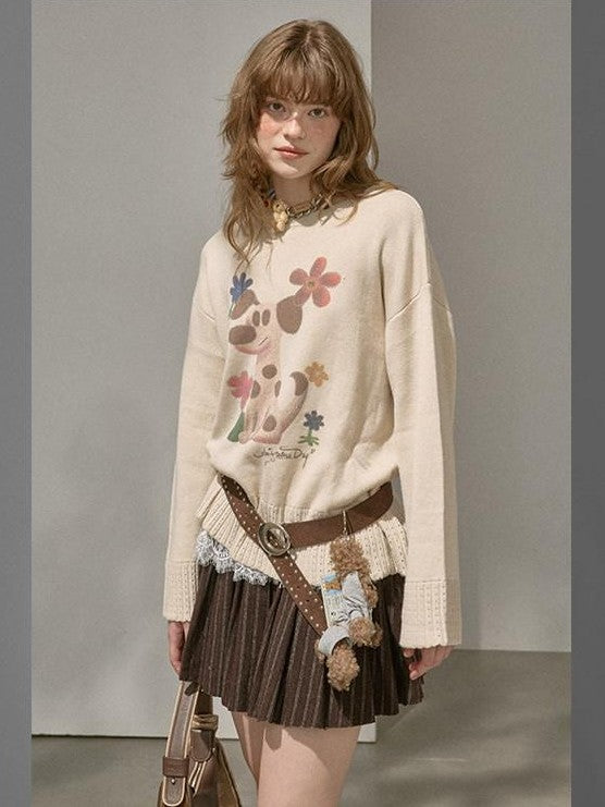 DIDDI MODA Dog Embroidery Openwork Hem Oversized Women&