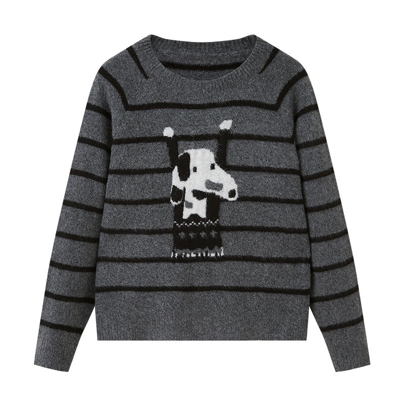 DIDDI_MODA_Dog_Jacquard_Striped_Crewneck_Oversized_Long_Sleeve_Women&