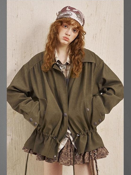 DIDDI MODA Drawstring Pleated Long Sleeve Cinch Waist Women&