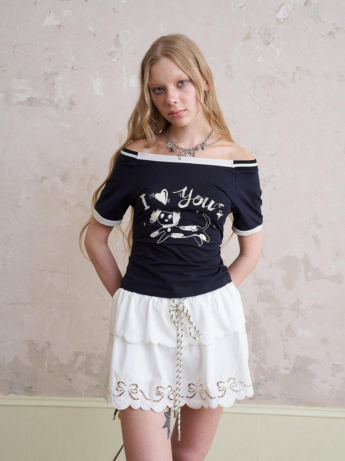 DIDDI MODA Embroidered High Waist Asymmetric Short Sleeve Women&