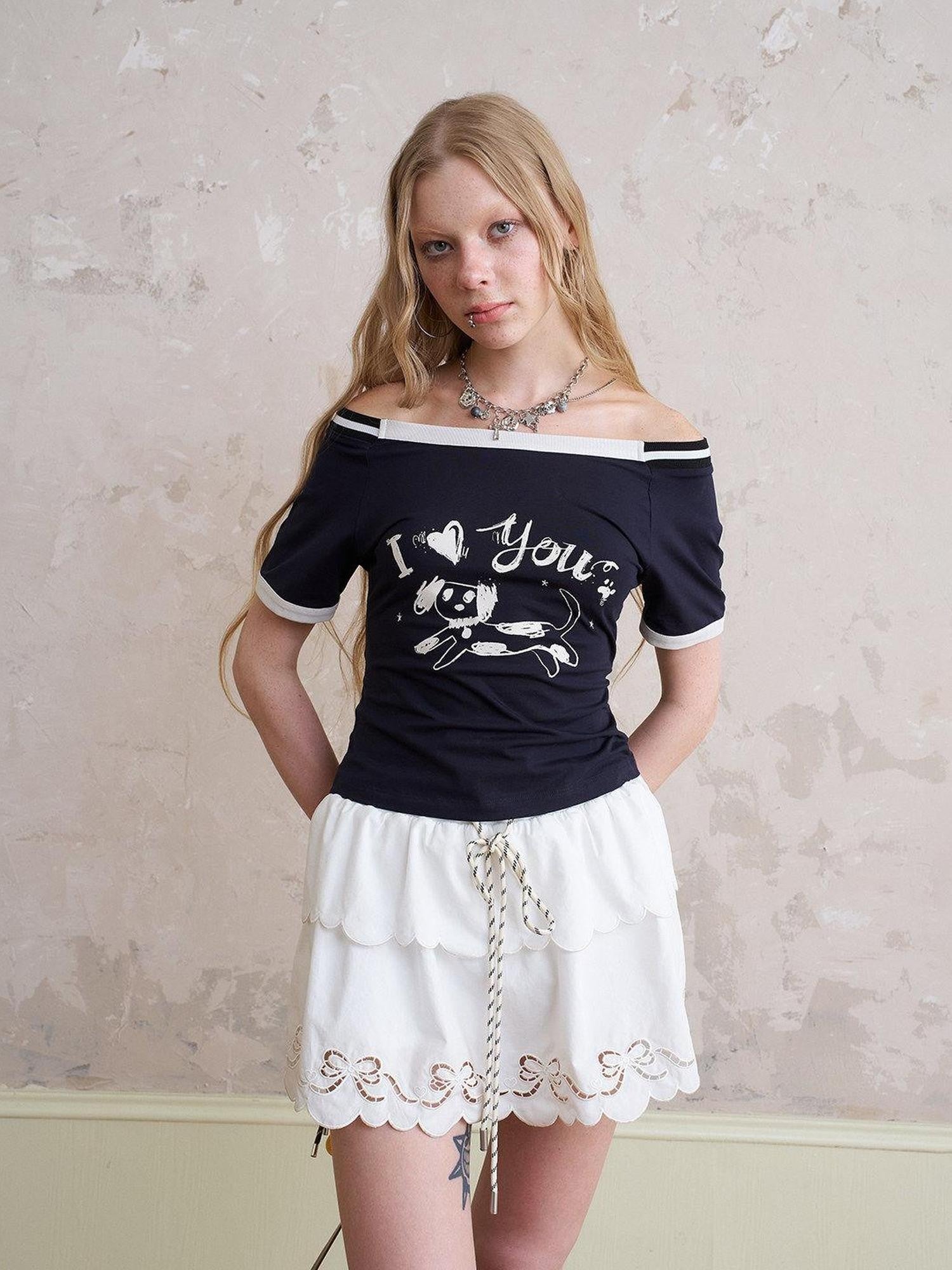 DIDDI MODA Embroidered High Waist Asymmetric Short Sleeve Women&